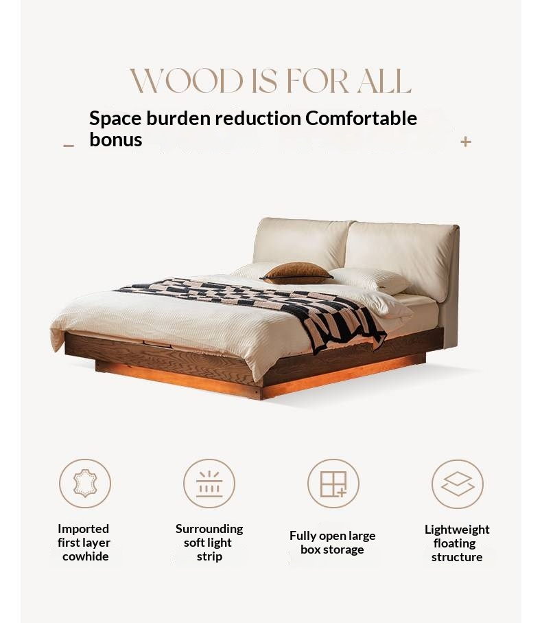 Oak Solid Wood Box Bed — Italian Light Luxury with Soft Genuine leather Backrest