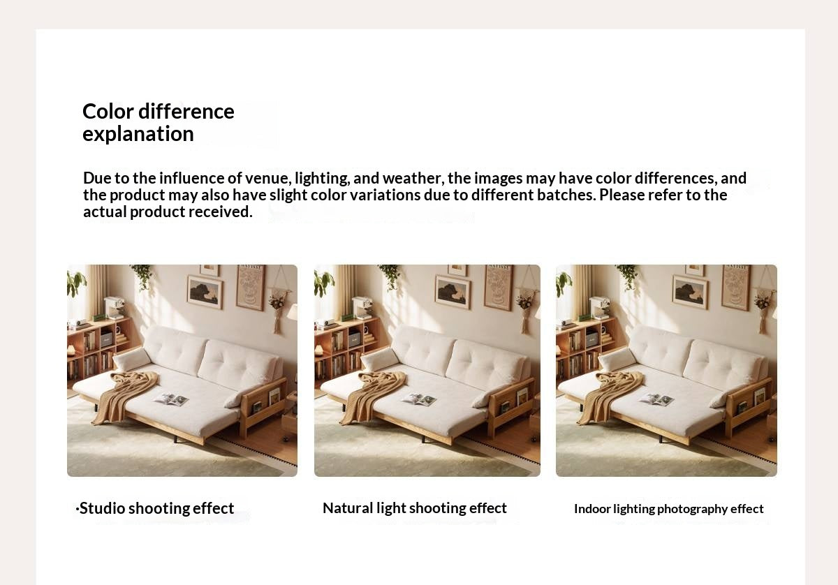 Oak Solid Wood Tufted Sofa Bed with Wood Frame and Side Storage Pocket