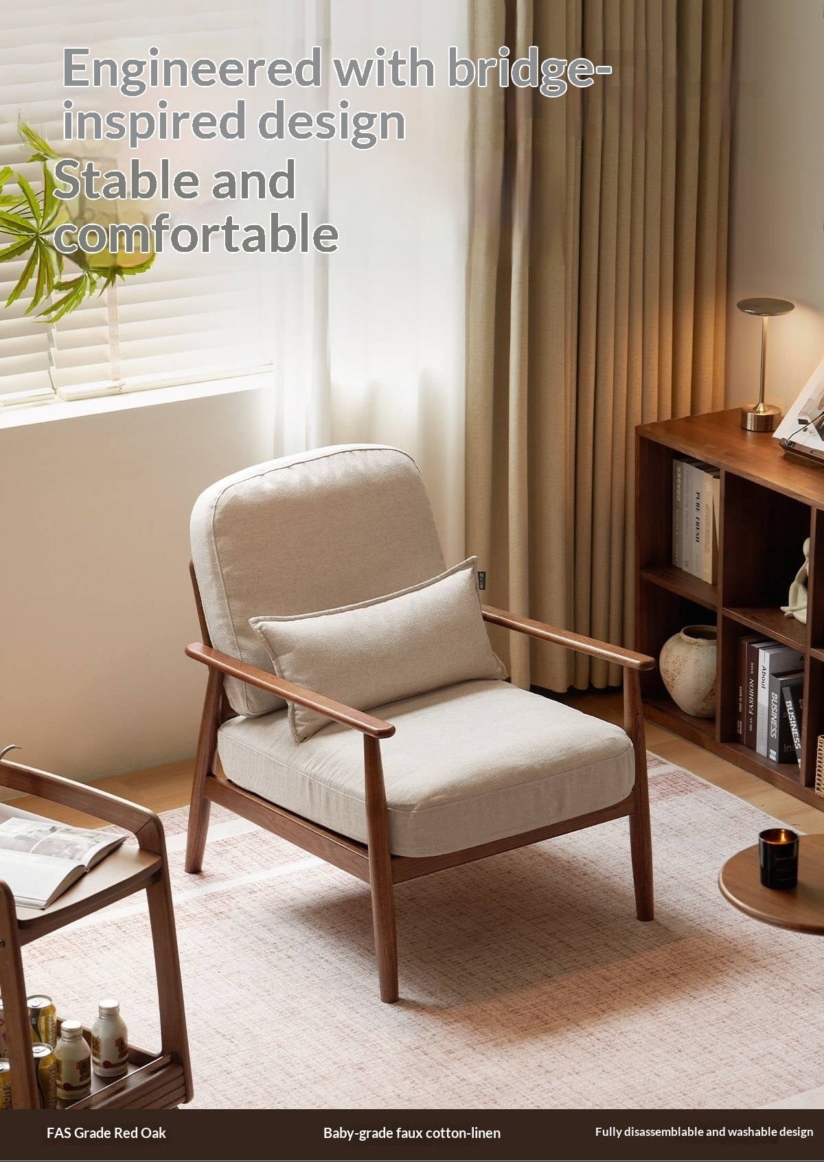 Oak Solid Wood Walnut Color Mid-Century Lounge Chair