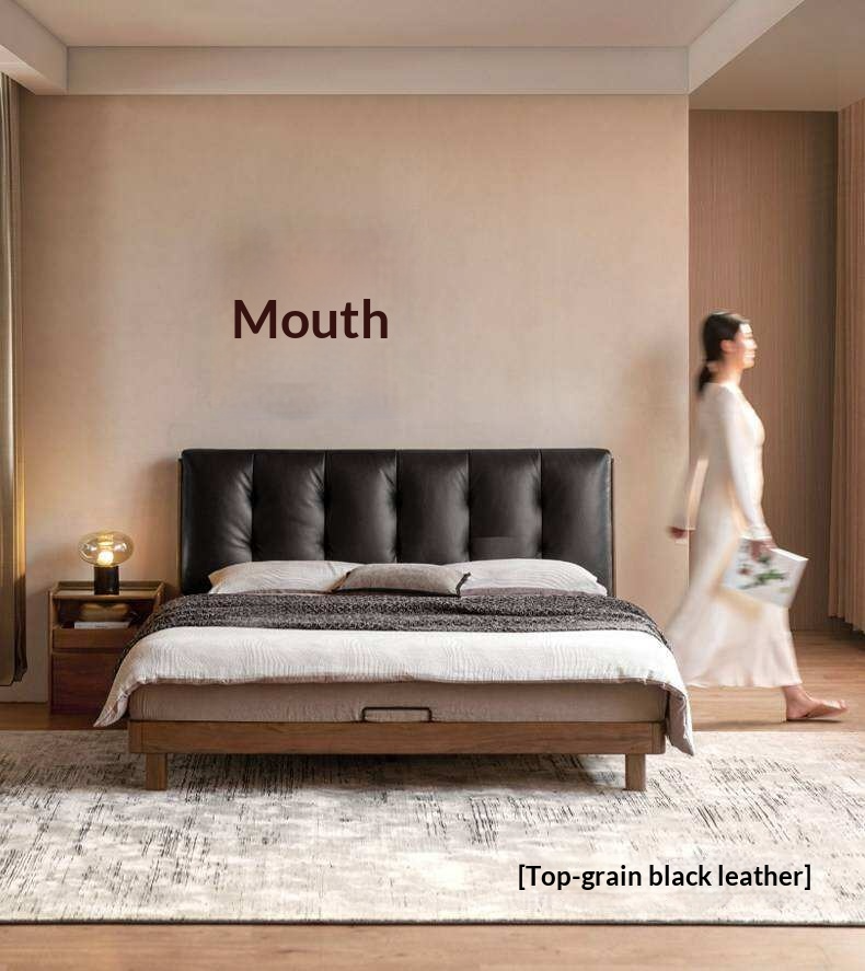 Black Walnut, Rubberwood Solid Wood Leather Upholstered Platform Bed with Vertical Channel Tufted Headboard