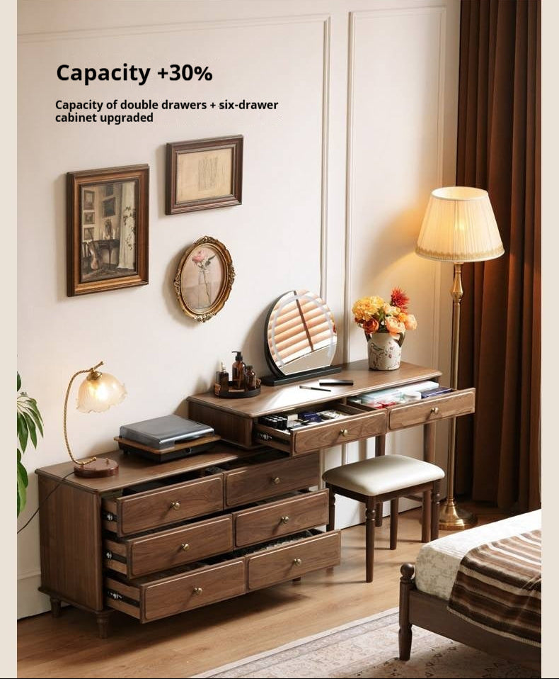 Black Walnut, Oak Solid Wood Extendable Vanity Desk and 6-Drawer Dresser Combo