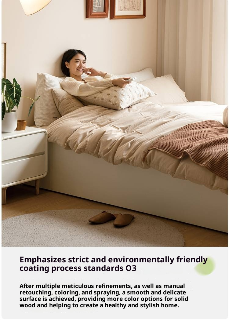 Rubberwood Solid Wood Platform Bed, Headboard-Free Box Bed Cream Style