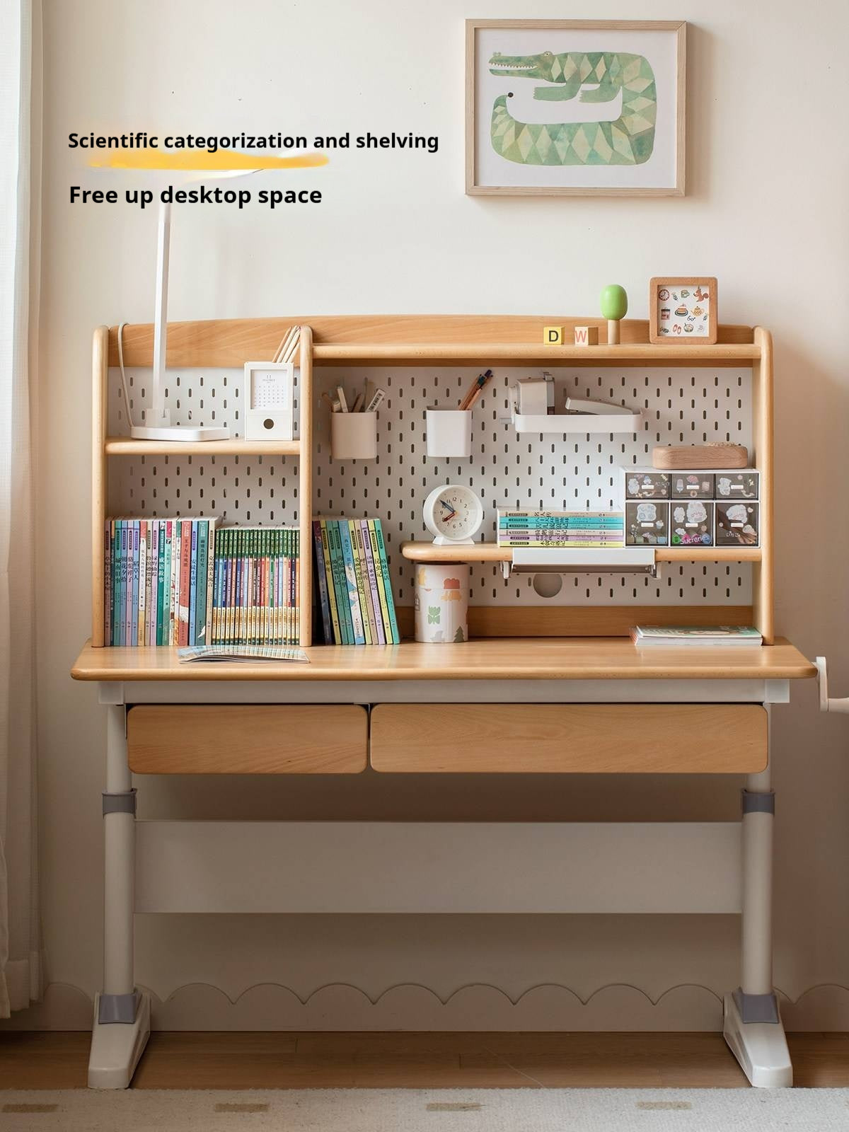 Beech Solid Wood Height-Adjustable Kids Desk with Bookshelf Hutch
