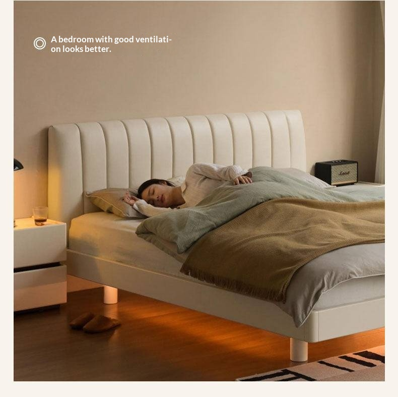 Oak,Rubber Wood Solid Wood Cream Suspended Genuine Leather Technology Fabric Soft Wrapped Bed