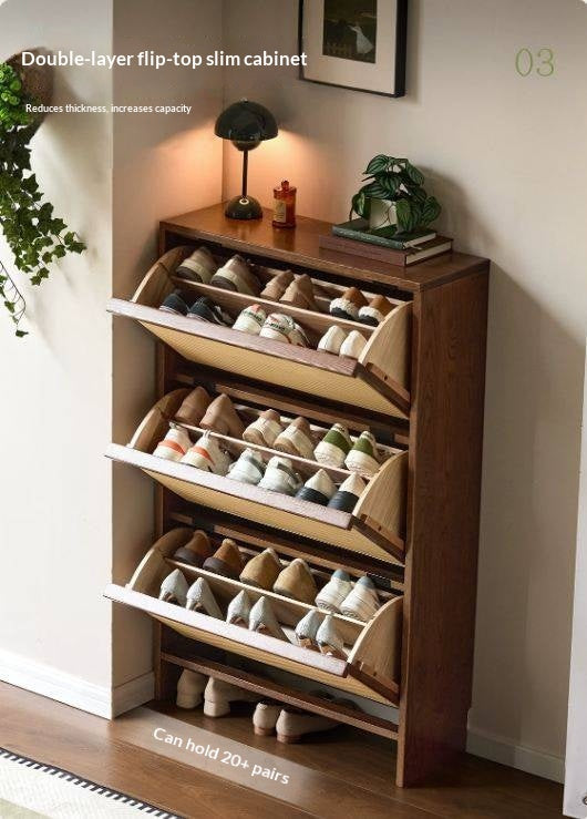 Oak Solid Wood Slim Entryway Shoe Cabinet with Rattan Flip-Down Doors