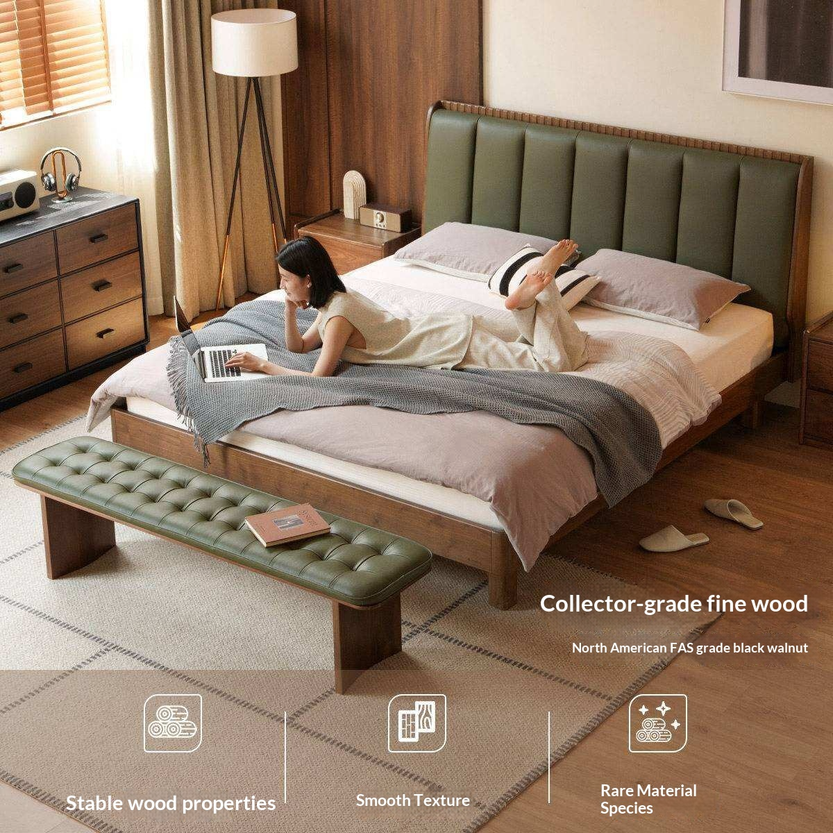 Black Walnut, Golden Sandalwood Solid Wood Genuine Leather Extra Tall Vertical Channel Tufted Platform Bed
