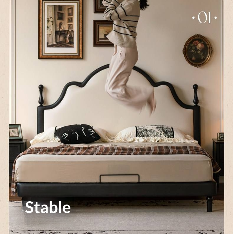 Eco-Friendly Cloud Leather Bed — French Retro Style Upholstered Fabric Bed