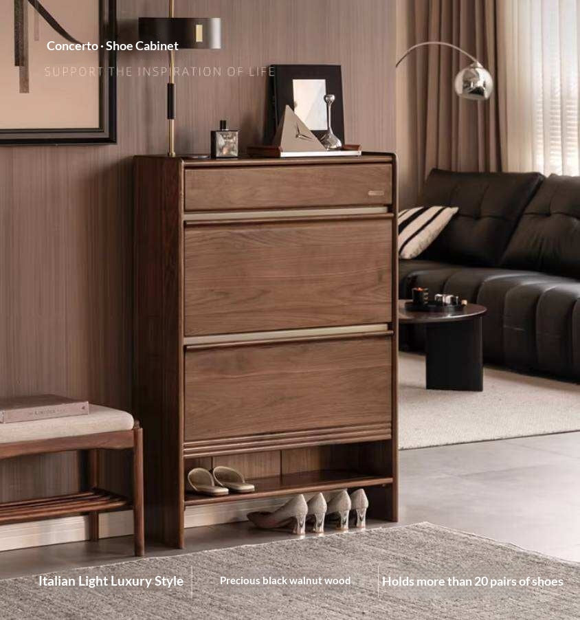 Black Walnut Solid Wood Flip Door Shoe Cabinet, Italian Style Entryway Storage Organizer