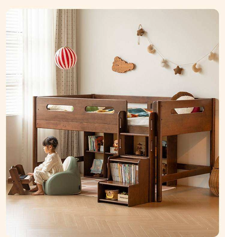 Rubberwood Solid Wood Mid-Height Kids Loft Bed with Staircase and Bookshelf Storage