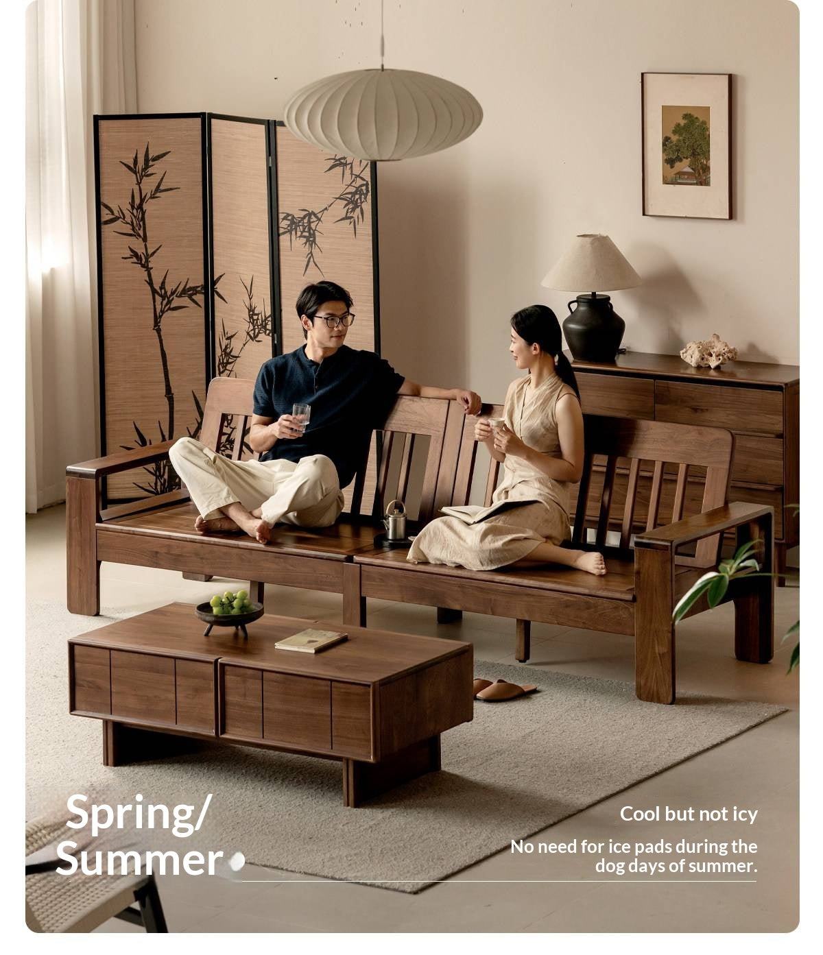 Black Walnut, Sandalwood Solid Wood Fabric Sofa with Raised Legs, Winter/Summer Use