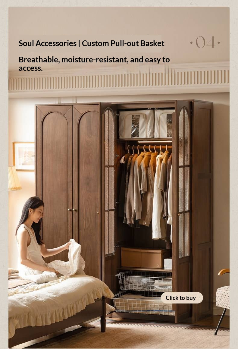 Black Walnut Solid Wood Wardrobe with French Retro Style and Double Doors