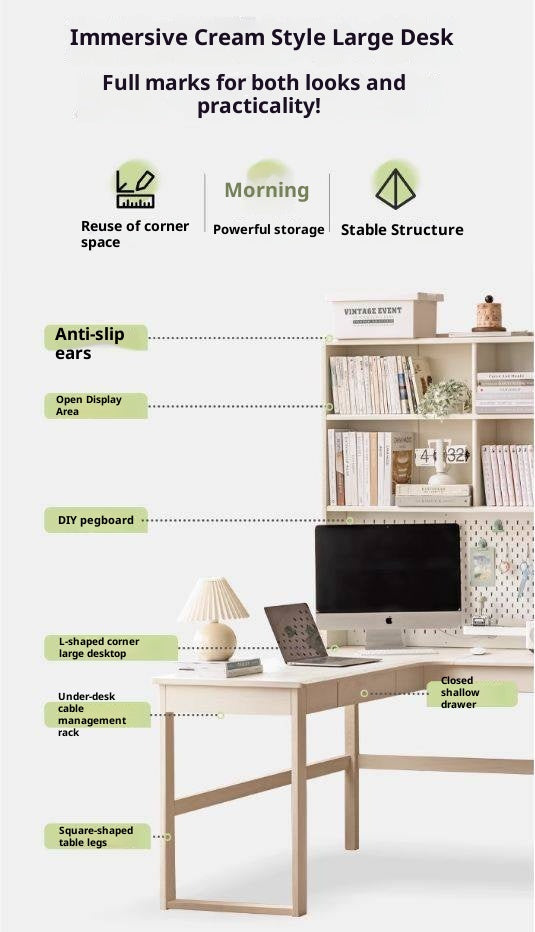 Oak Solid Wood Modern Cream Style Desk and Bookshelf Integrated