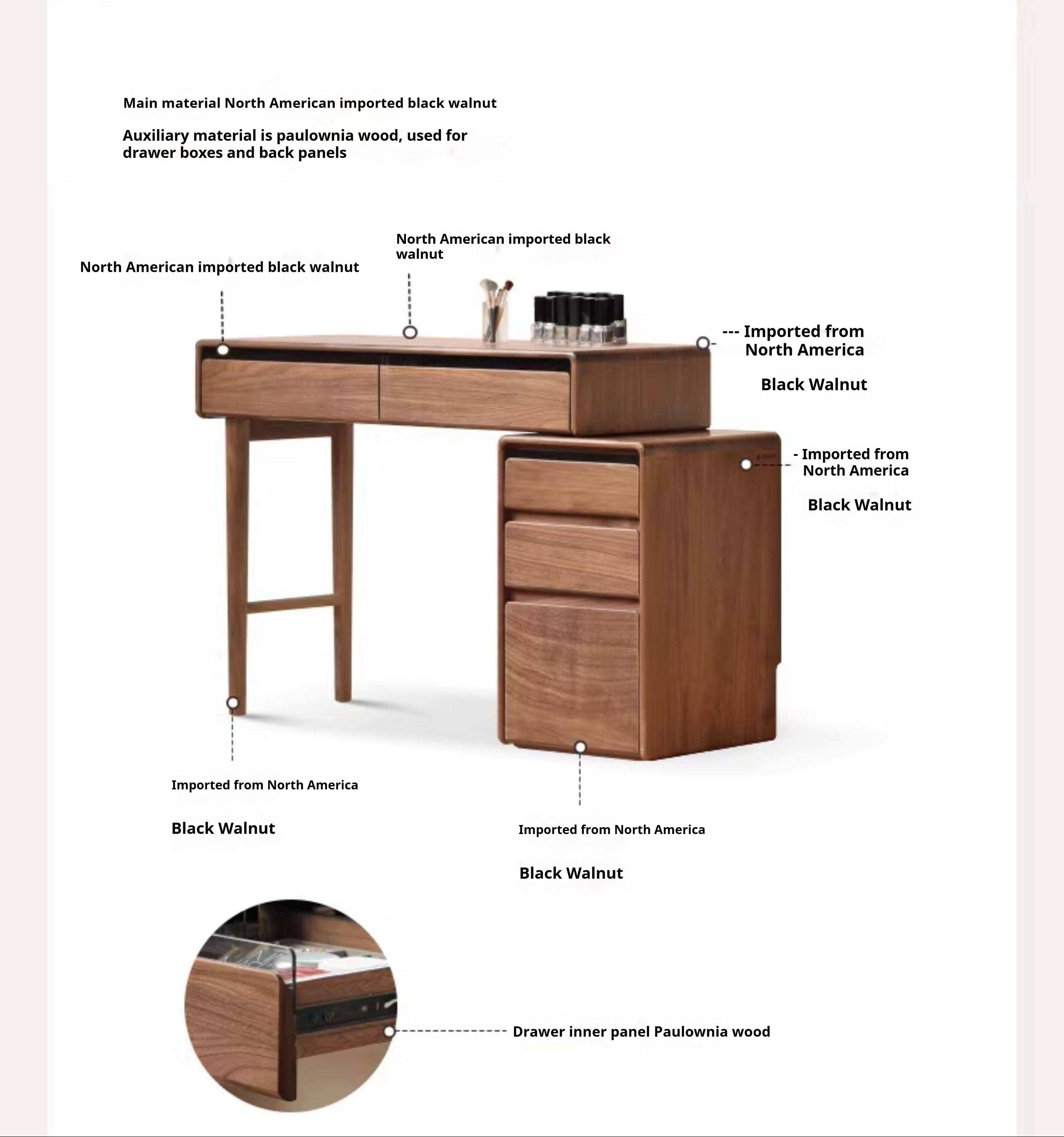 Black Walnut, Oak, Ash, Solid Longan Hardwood, Sandalwood Solid Wood Retractable Vanity Table.