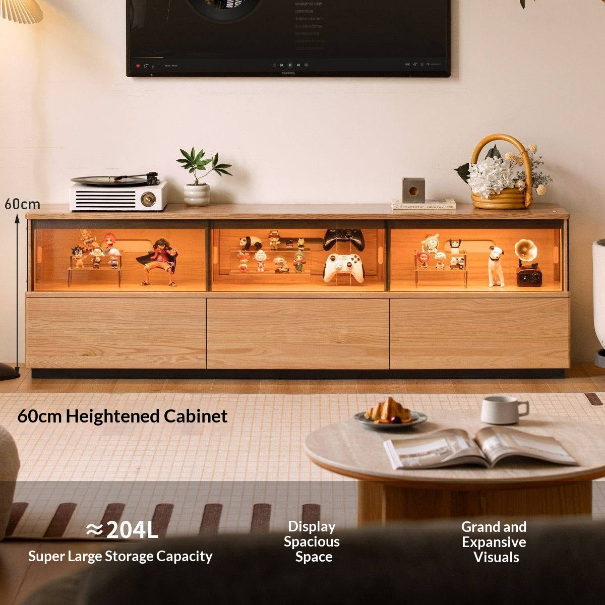 Oak Solid Wood TV Console with Illuminated Glass Display Case and Drawer Storage