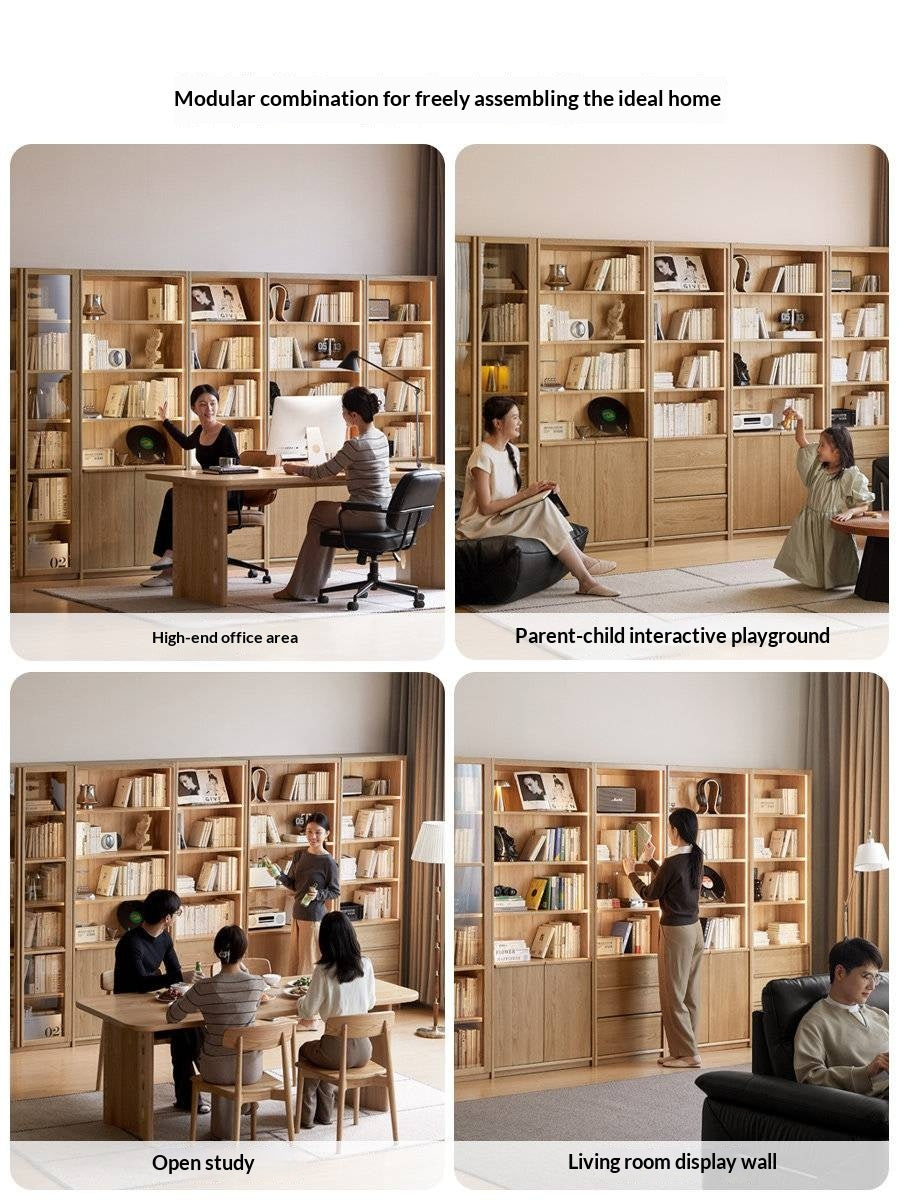 White Oak Solid Wood Bookcase and Display Cabinet with Glass Doors and Built-In Lights