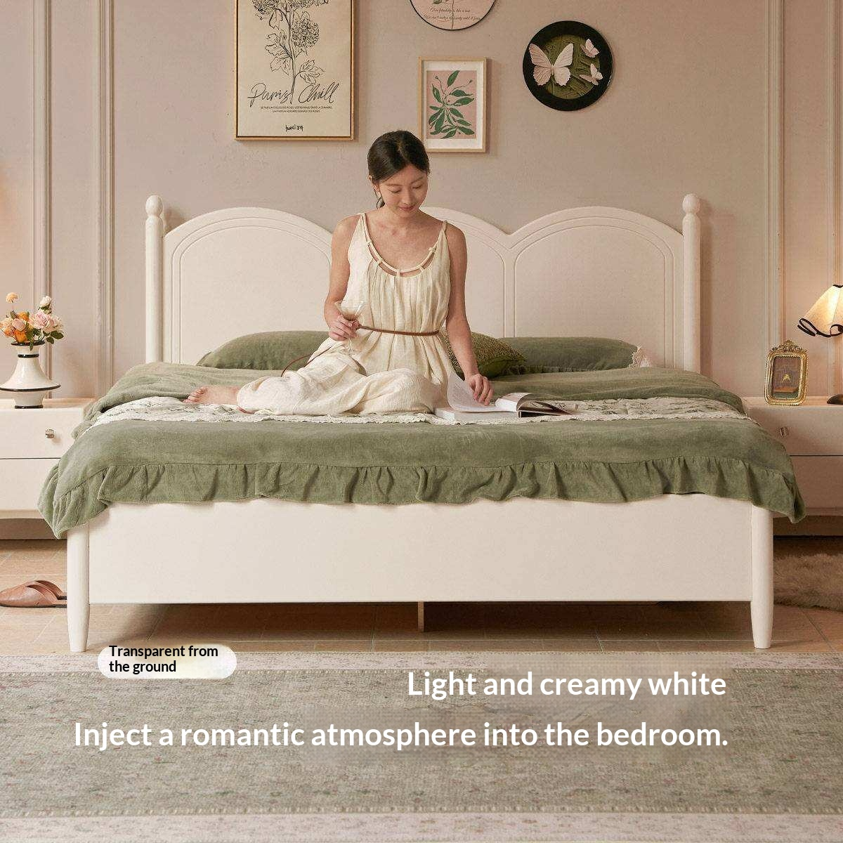 Rubberwood Solid Wood Bed with White Cream Style Large Box Frame