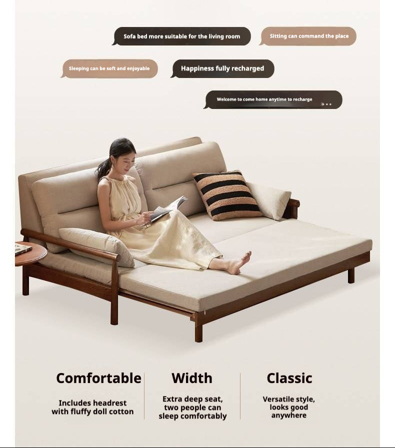 Oak Solid Wood Wood Frame Sleeper Sofa with Reclining Backrest