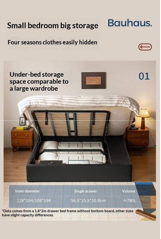 Genuine Leather Hydraulic Lift Storage Bed with Drawers