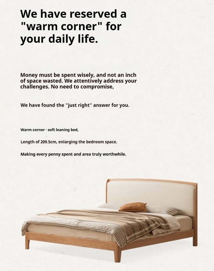 Oak Solid Wood Bed — Modern Minimalist, Genuine Leather Upholstered Bed