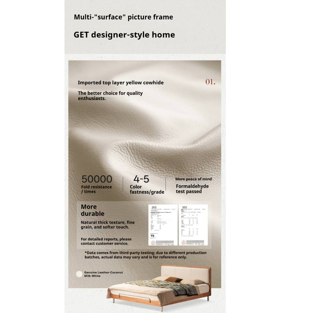 Cherry Solid Wood Bed with Modern Minimalist Design and Genuine Leather Headboard