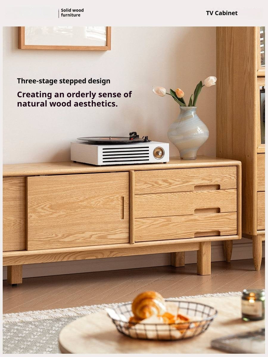 Oak Solid Wood TV Console with Ribbed Sliding Doors and Open Shelving