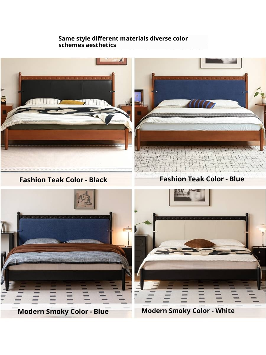 Poplar Solid Wood Genuine Leather Soft Backrest Bed Retro Vintage