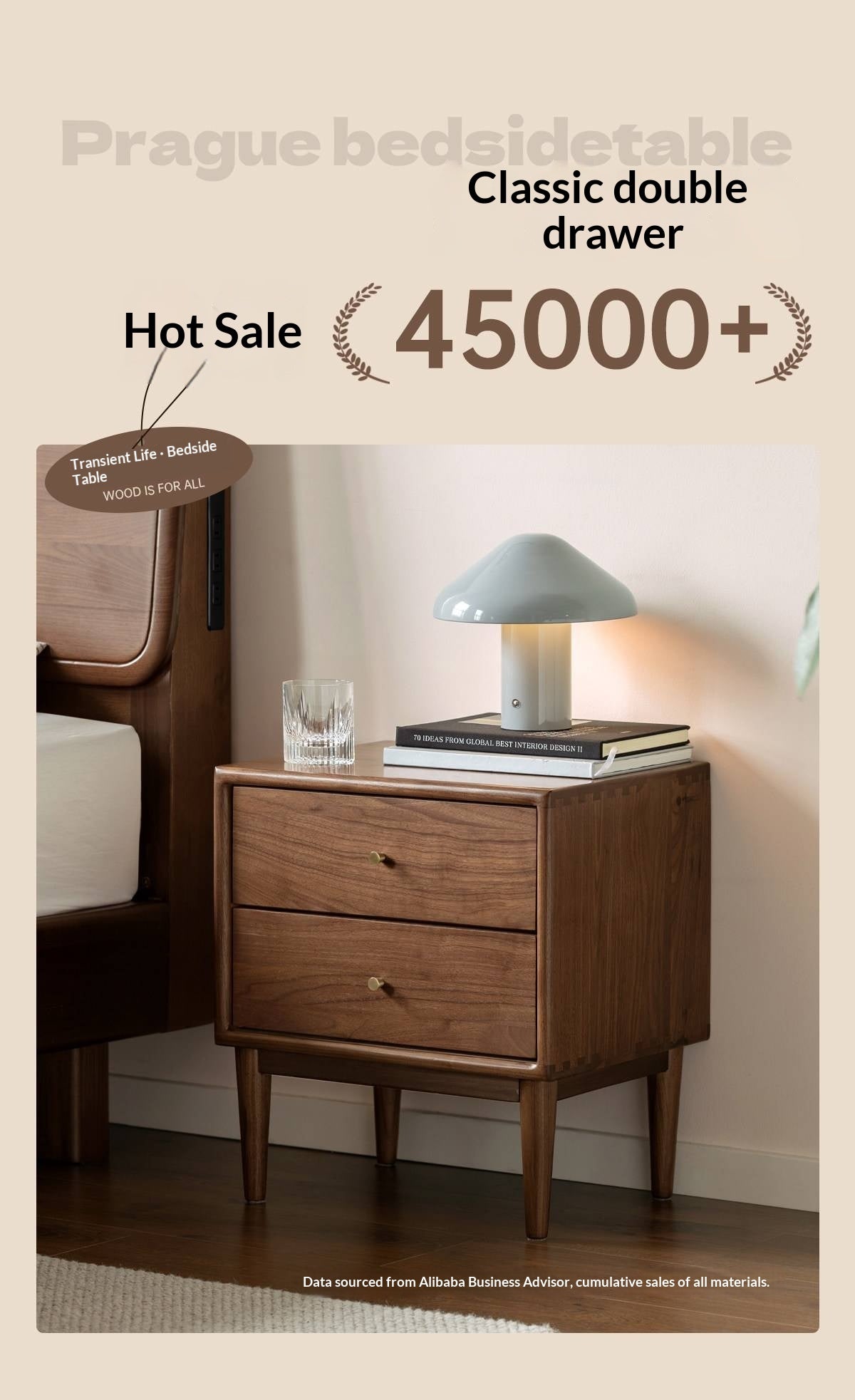 Black Walnut Solid Wood, Solid Longan Hardwood  Nightstand.
