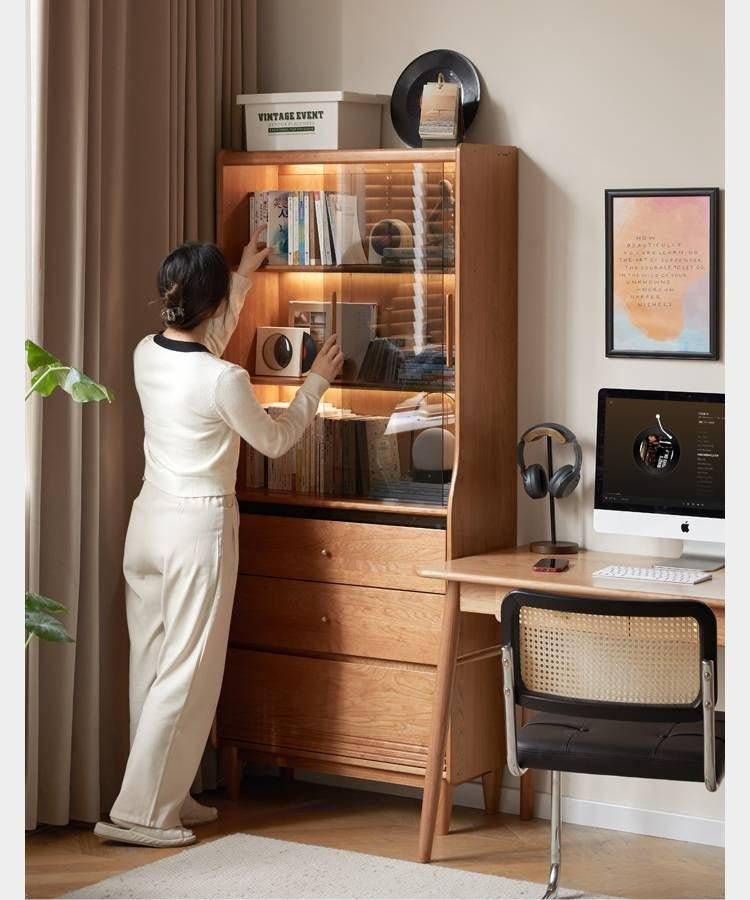 Cherry Solid Wood Glass Bookcase.