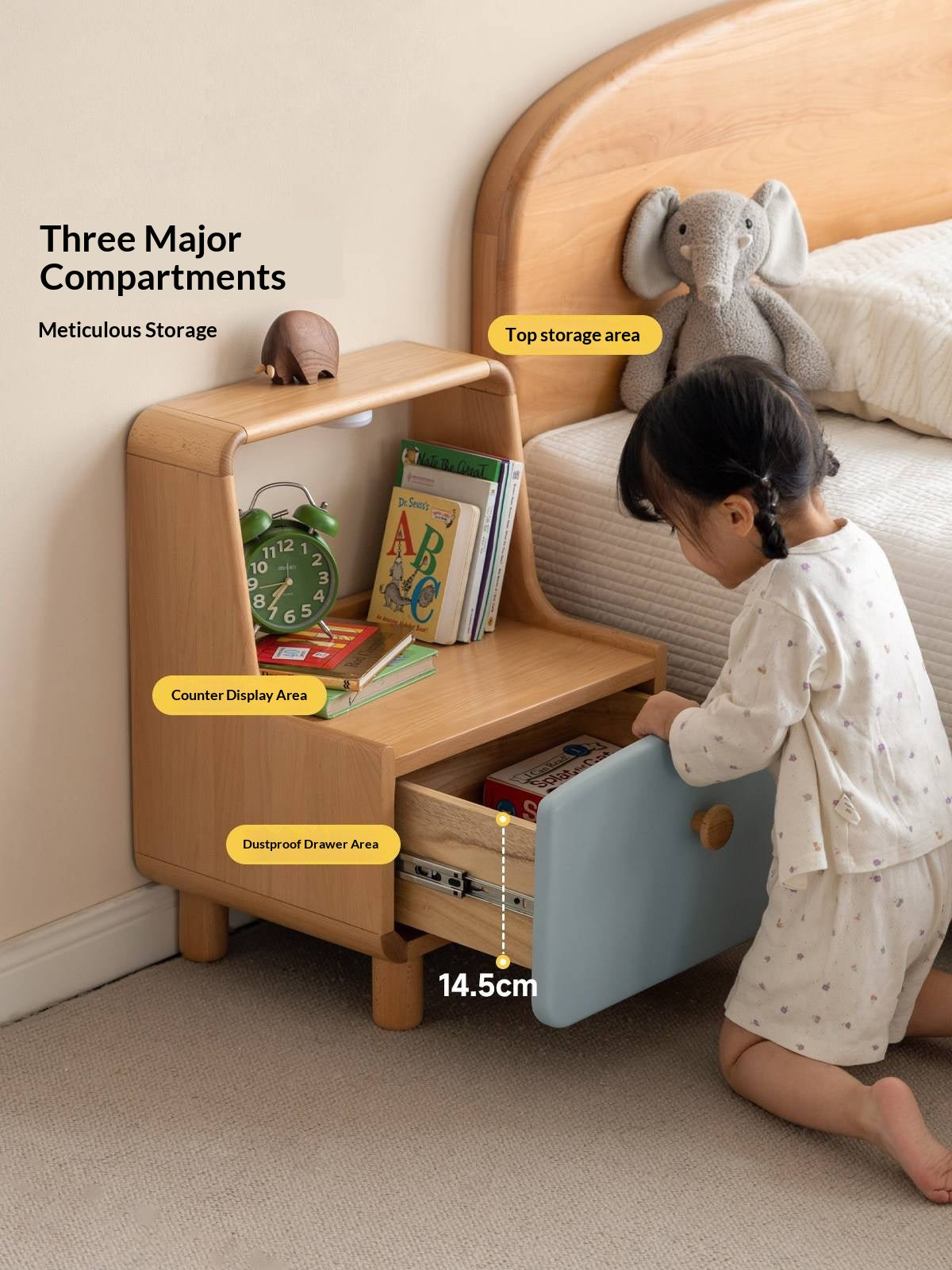 Beech Solid Wood Kids Nightstand Built-in Night Light