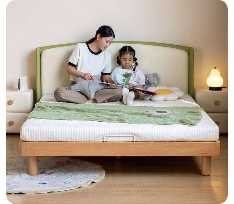 Beech Solid Wood Kids Upholstered Low Platform Bed with Curved Headboard