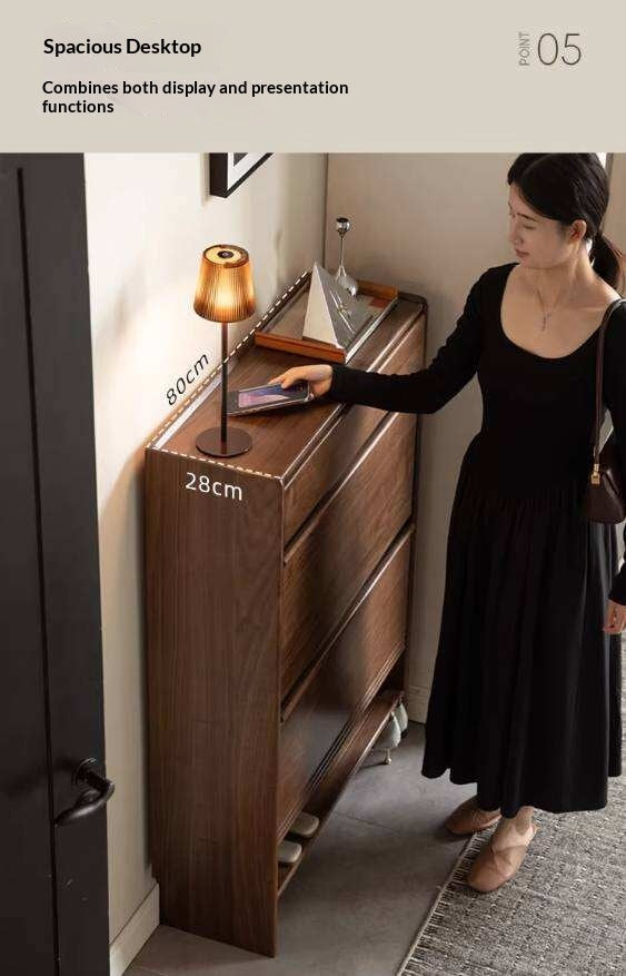 Black Walnut Solid Wood Flip Door Shoe Cabinet, Italian Style Entryway Storage Organizer