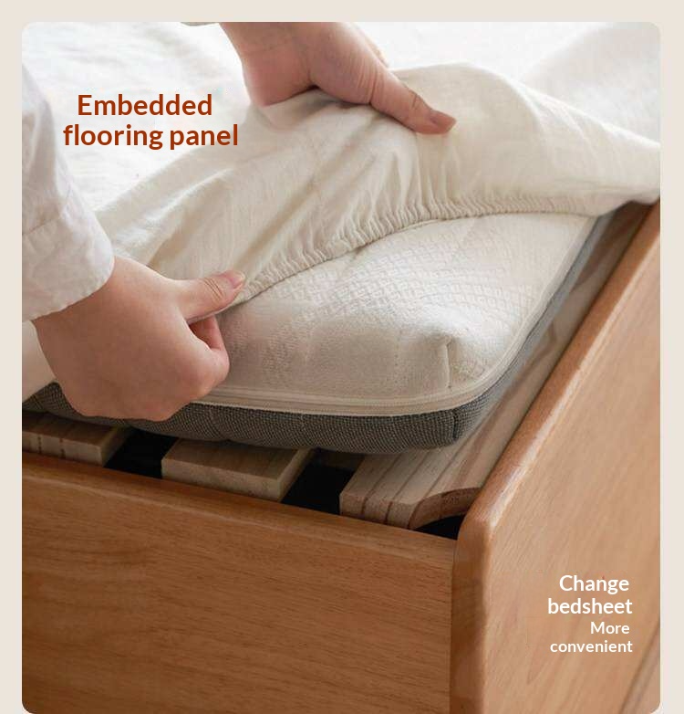 Rubberwood Solid Wood Storage Bed with Lift-Up Base and Soft Upholstered Headboard