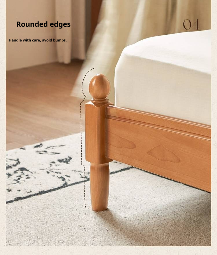 Birch Solid Wood Bed — French Retro Style, Large Slab Design, Mid-Range Style