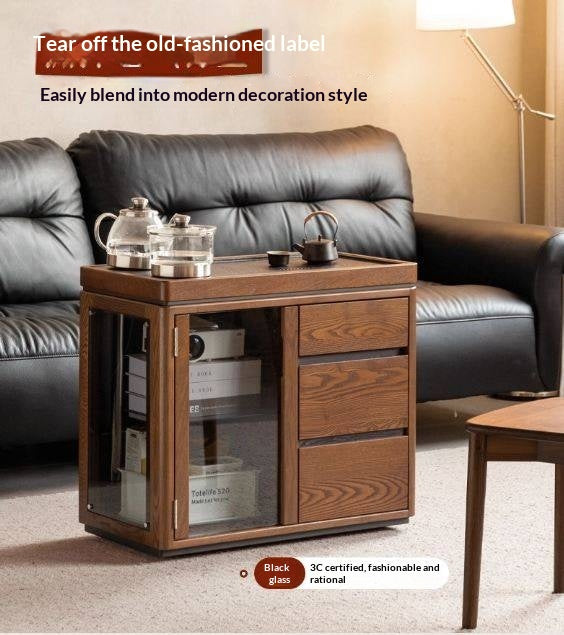 Ash Solid Wood Mobile Tea Cabinet Kettle Integrated
