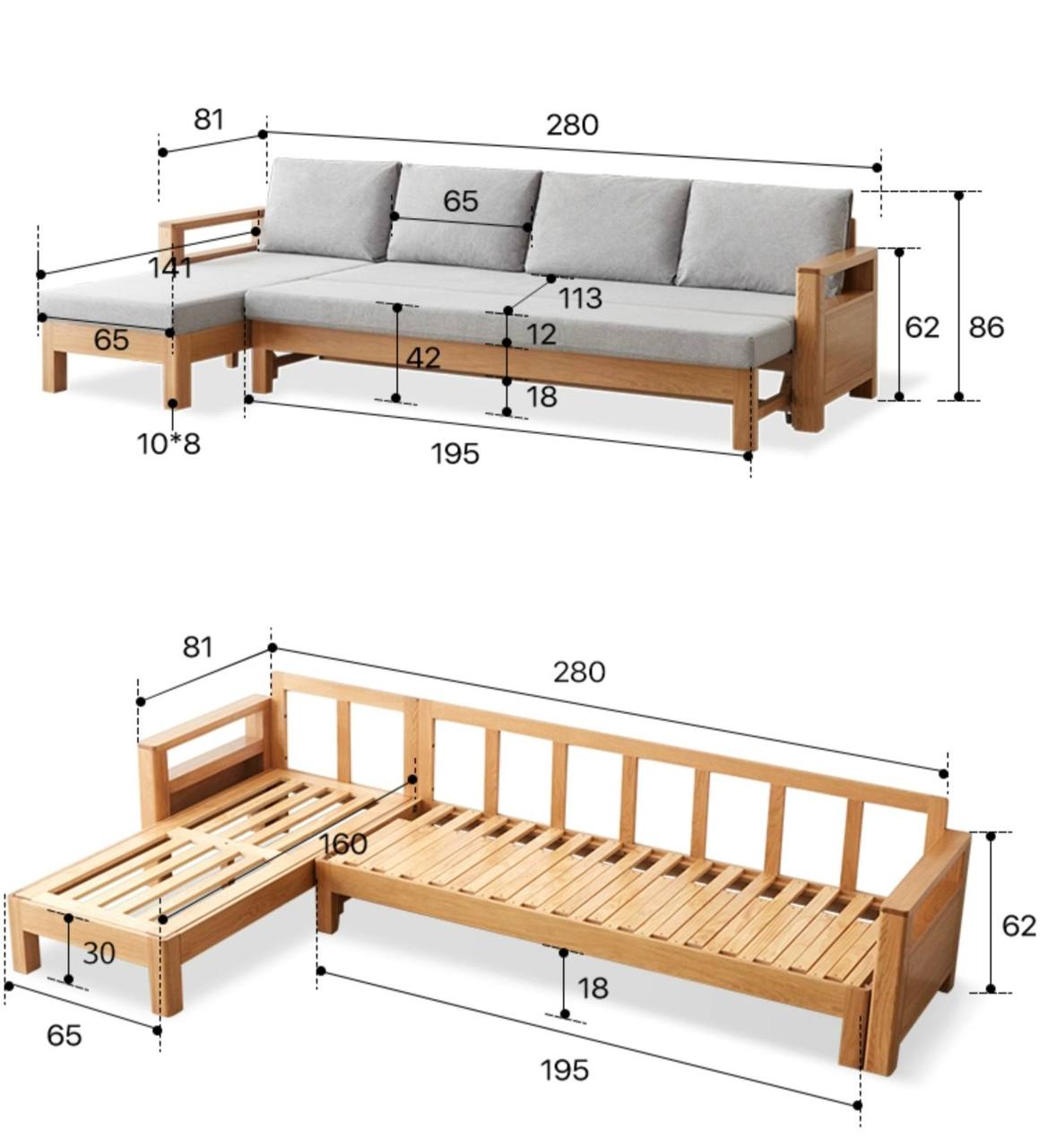 Oak Solid Wood corner Sofa Bed -