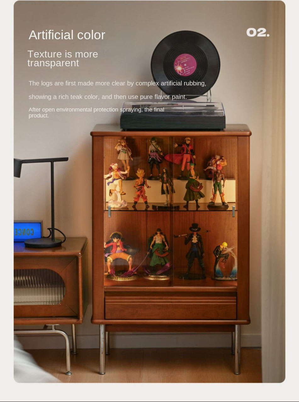 Poplar Solid Wood American Retro Glass Side Cabinet.