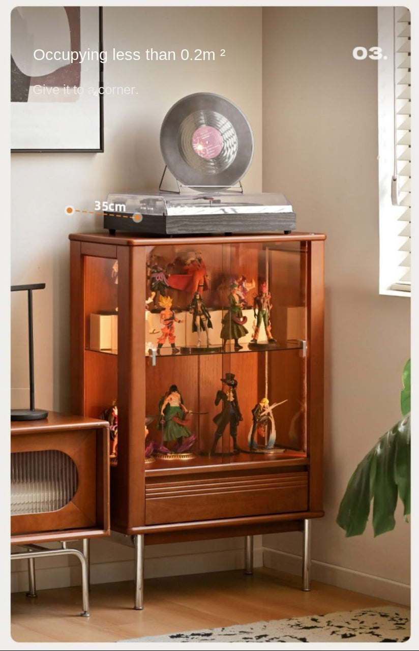 Poplar Solid Wood American Retro Glass Side Cabinet.