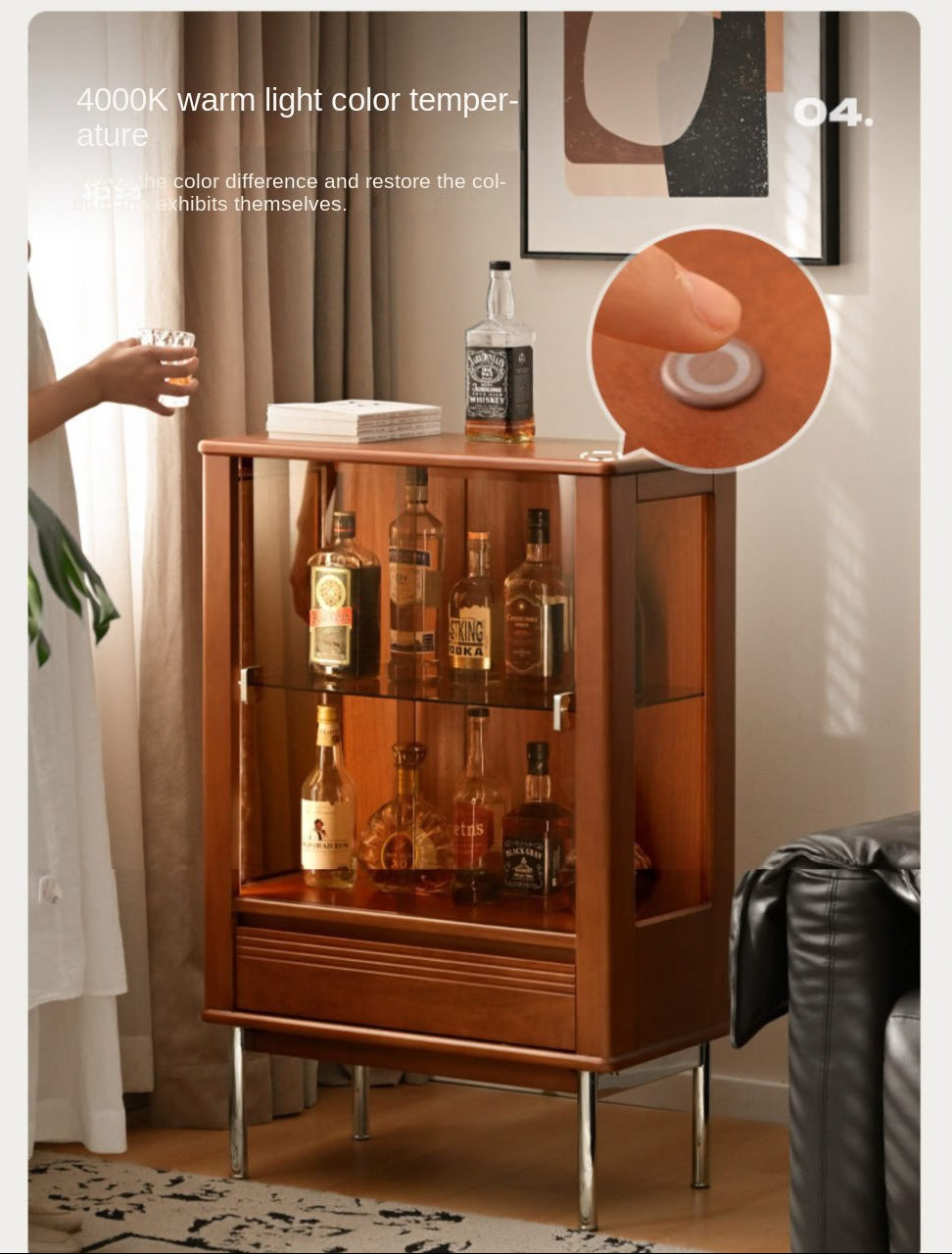 Poplar Solid Wood American Retro Glass Side Cabinet.