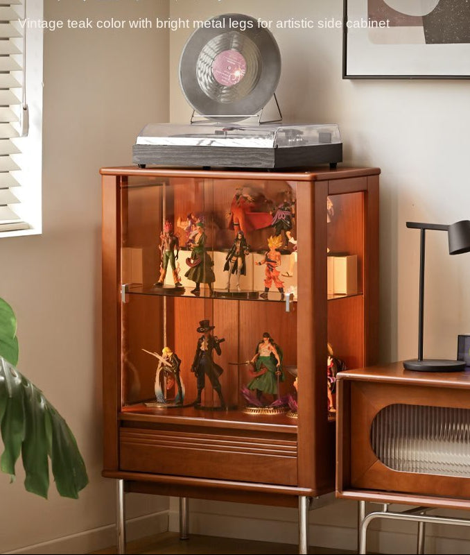 Poplar Solid Wood American Retro Glass Side Cabinet.