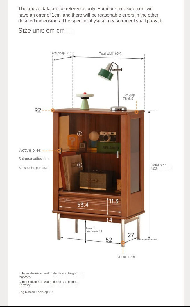 Poplar Solid Wood American Retro Glass Side Cabinet.