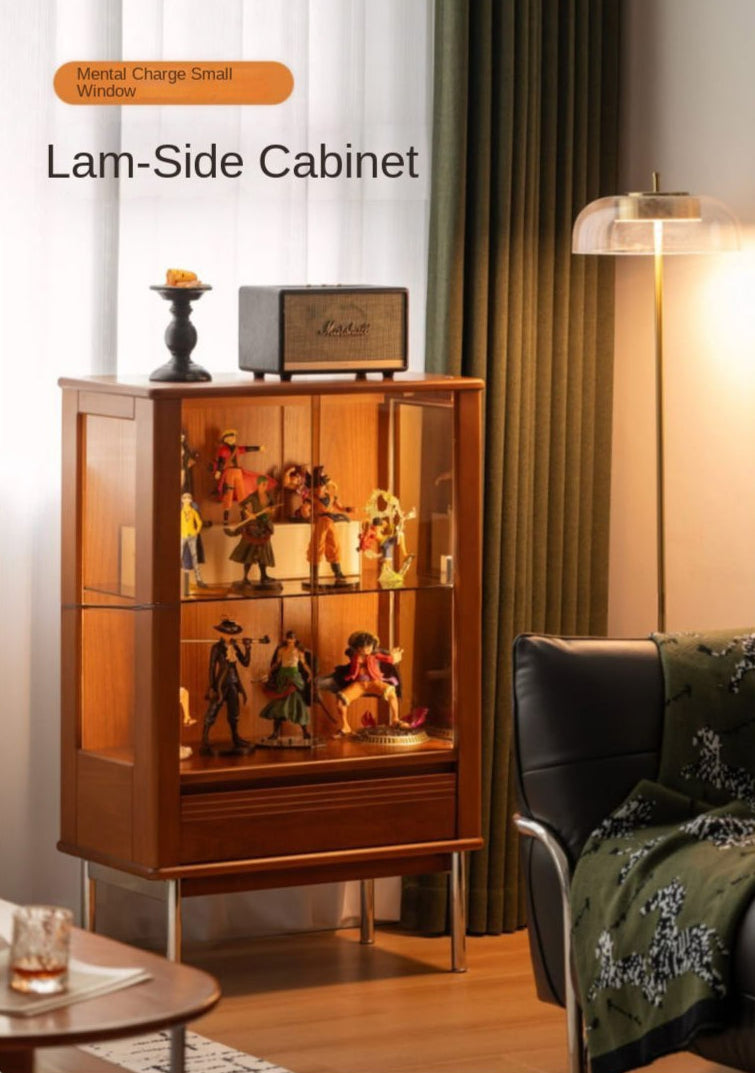 Poplar Solid Wood American Retro Glass Side Cabinet.