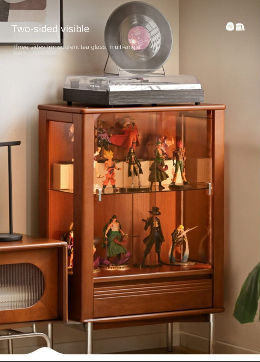 Poplar Solid Wood American Retro Glass Side Cabinet.