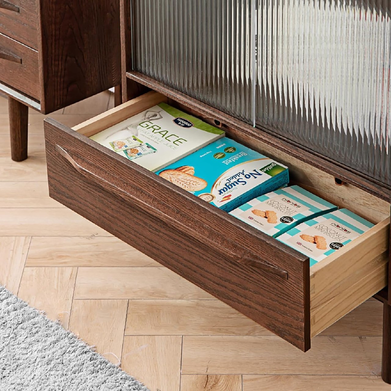 Oak Solid Wood, Pine Wood Display Cabinet with Fluted Glass Door and Tapered Legs