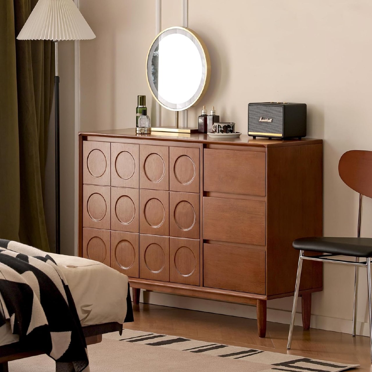 Solid Rubberwood Vintage Geometric Sideboard Cabinet with Mid-Century Italian Modern Pattern Doors