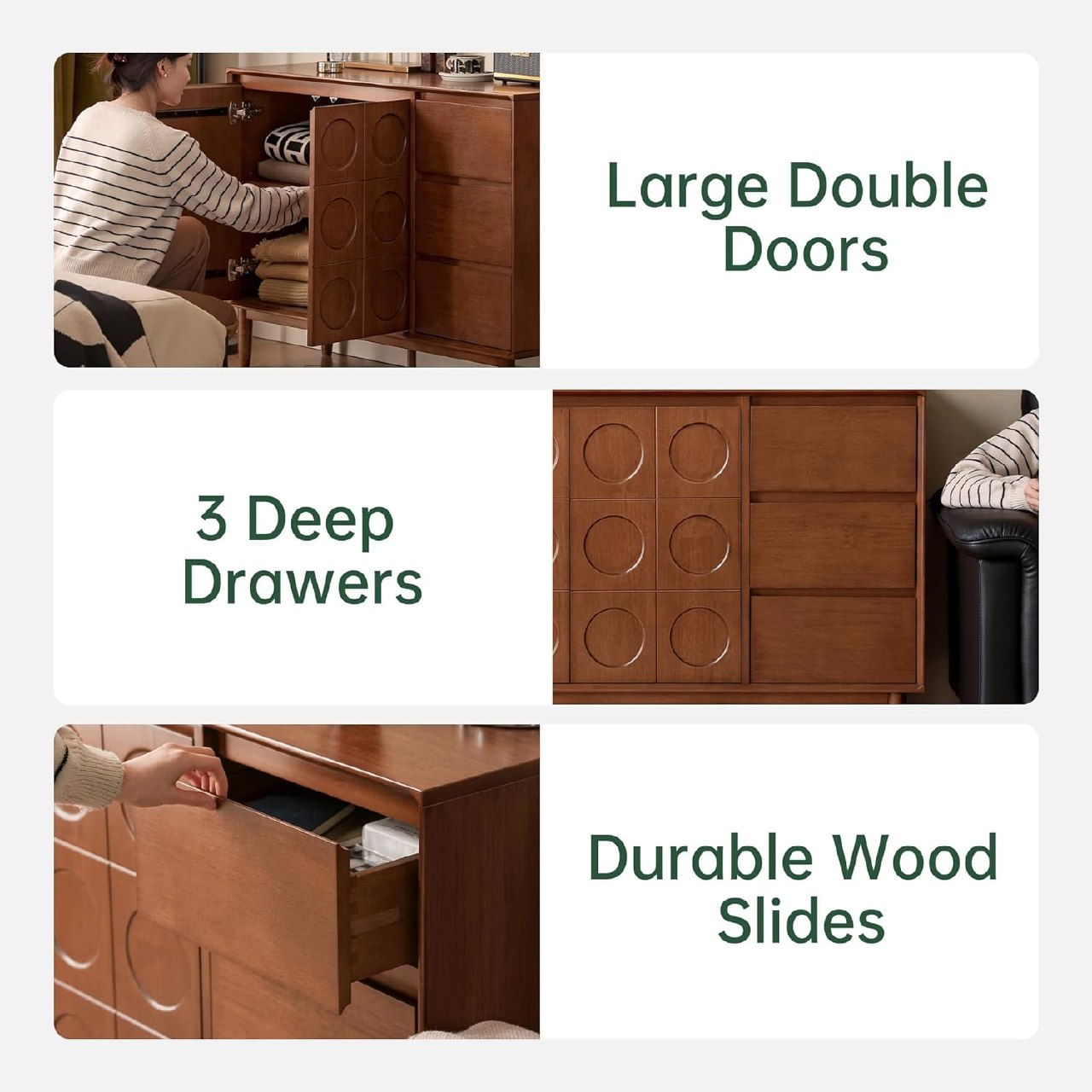 Solid Rubberwood Vintage Geometric Sideboard Cabinet with Mid-Century Italian Modern Pattern Doors