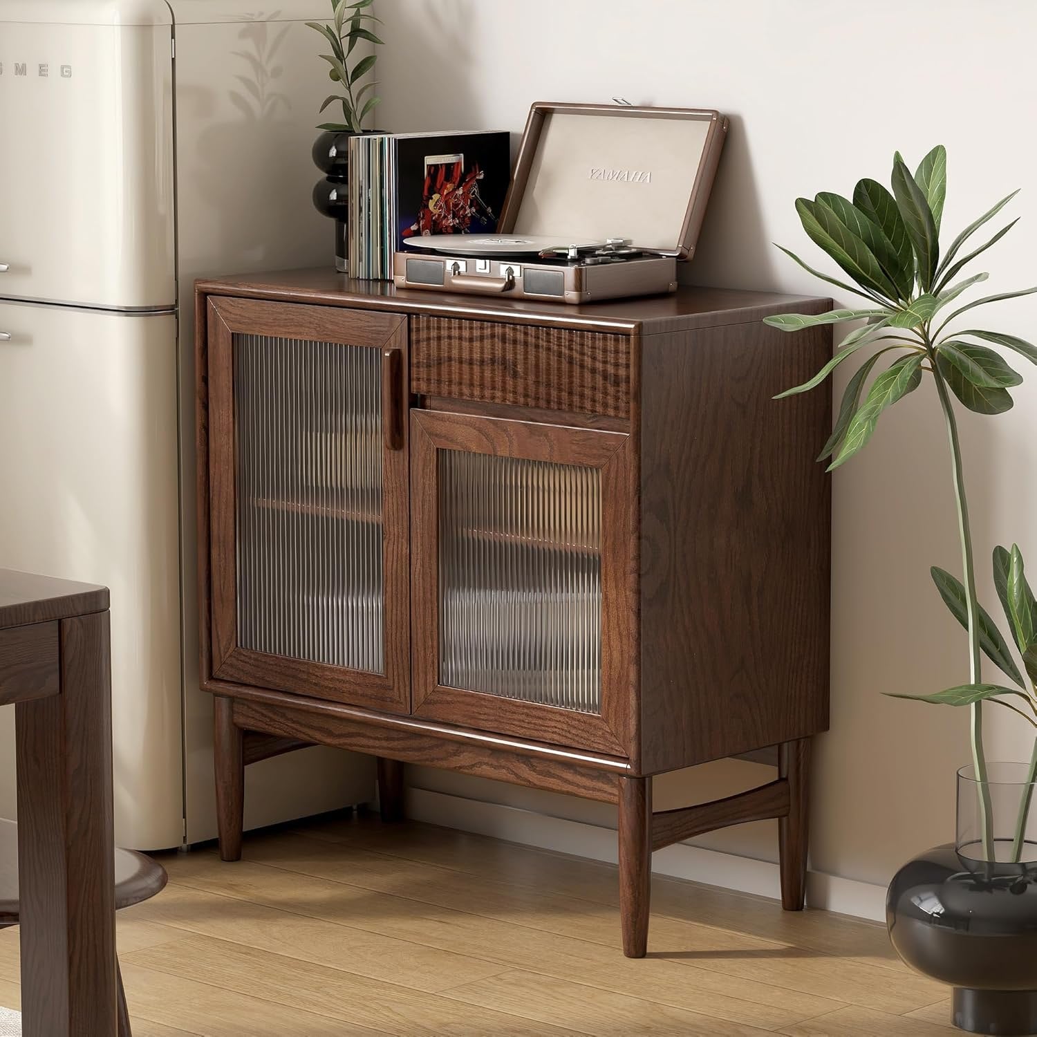 Oak Solid Wood Sideboard Cabinet with Fluted Glass Doors