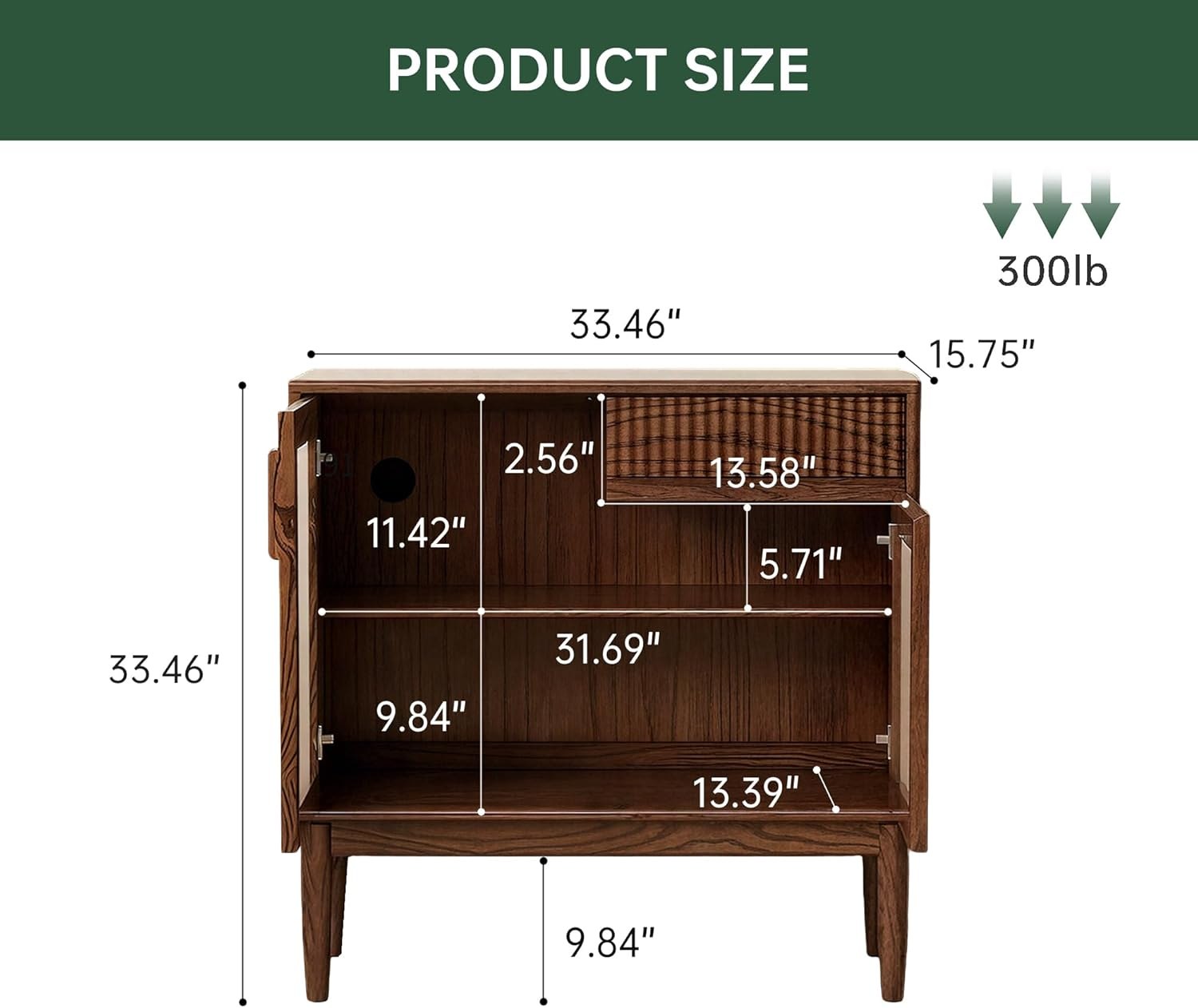 Oak Solid Wood Sideboard Cabinet with Fluted Glass Doors