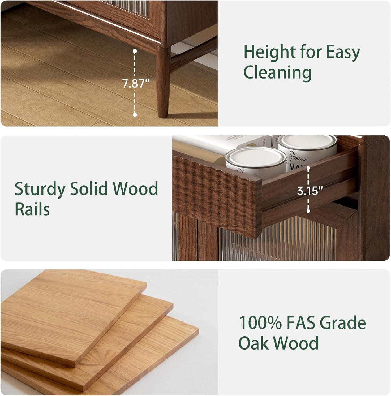 Oak Solid Wood Sideboard Cabinet with Fluted Glass Doors