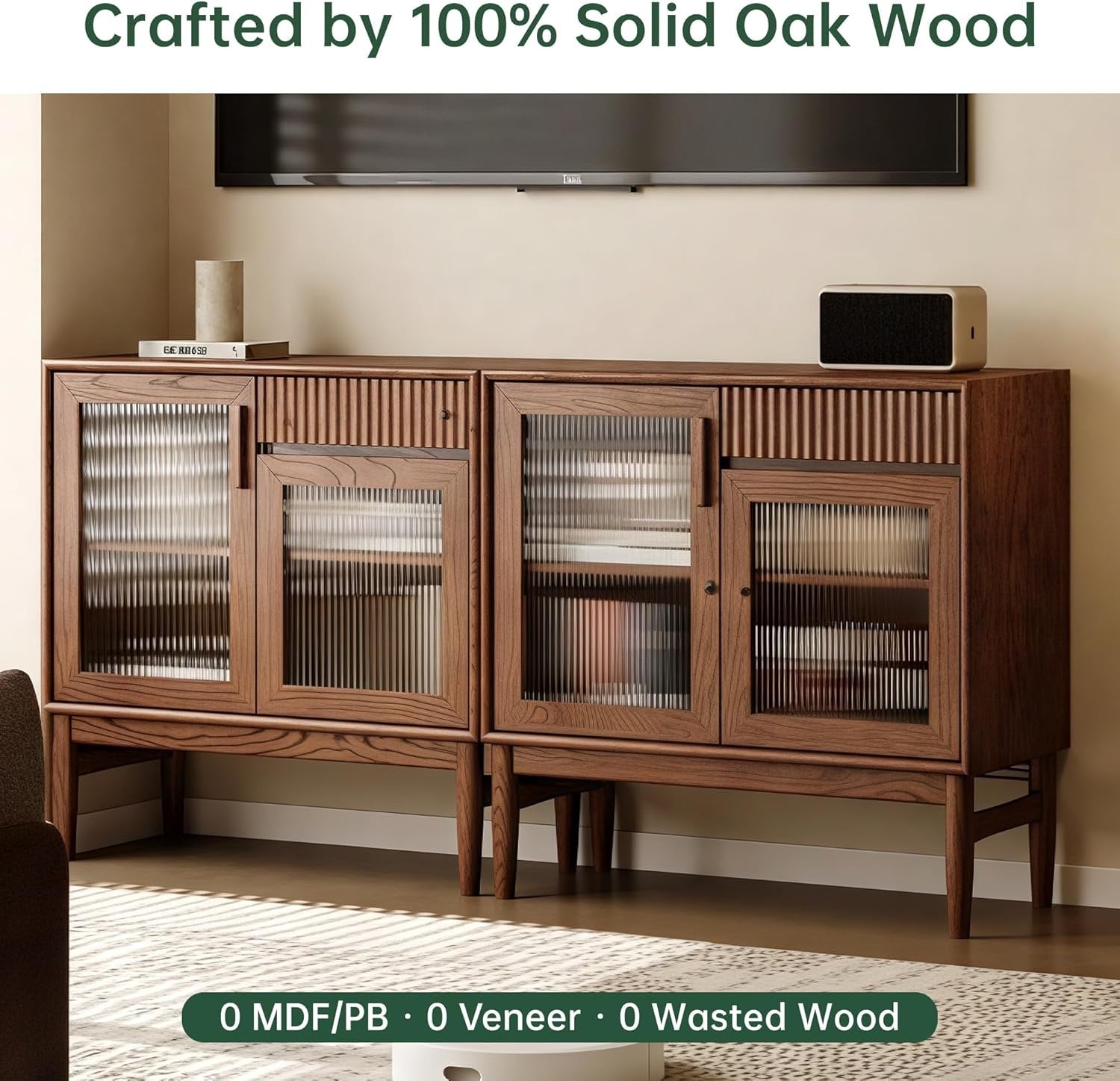 Oak Solid Wood Sideboard Cabinet with Fluted Glass Doors