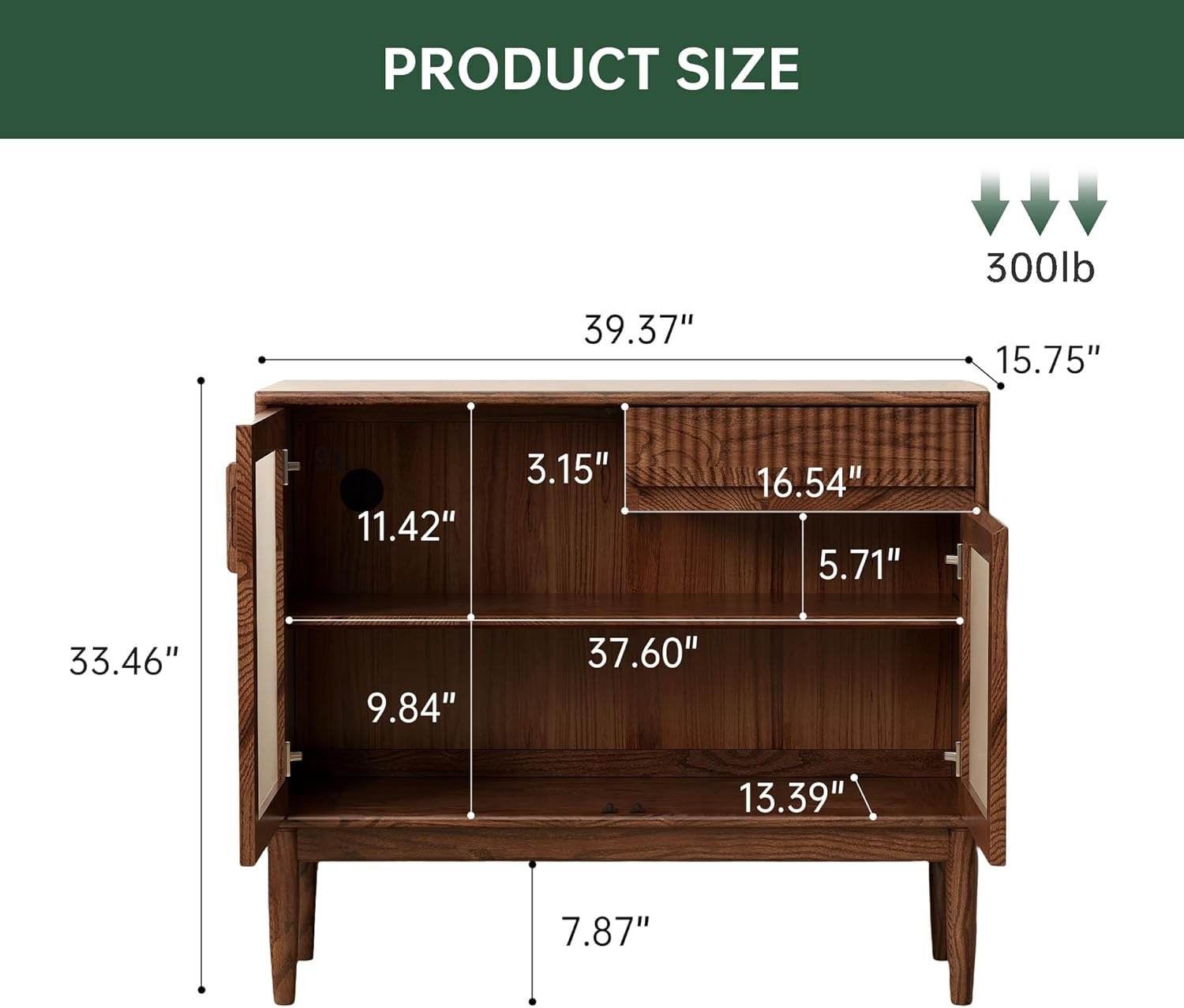 Oak Solid Wood Sideboard Cabinet with Fluted Glass Doors